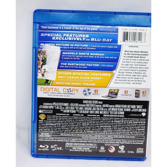Invictus Morgan Freeman & Matt Damon Blu Ray DVD 2 Disk Movie Bundle No Scratch - Picture 2 of 7